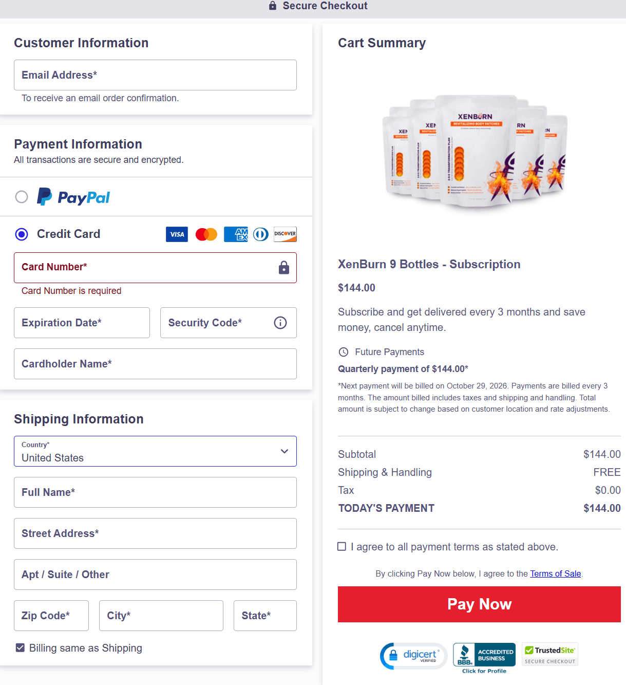 XenBurn-Checkout Page